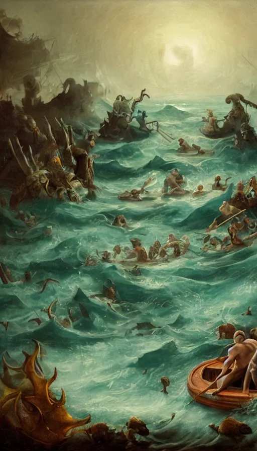 Prompt: man on boat crossing a body of water in hell with creatures in the water, sea of souls, by fortiche studio