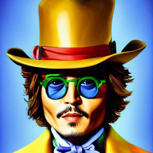 Prompt: portrait of johnny depp without mustache and beard as willy wonka, highly detailed, centered, solid color background, digital painting