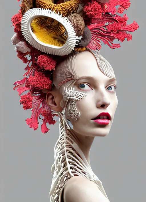 Prompt: biomechanical beautiful woman portrait with a smooth carved porcelain ivory profile face, futuristic haute couture, iris van herpin, headdress with daisies, colorful puffballs, leaves, tendrils, mushrooms, rhizomorphs, brackets, sponge corals, laser cut paper, red lips, magnesium, hyper detailed, ultra sharp, 8 k, uhd