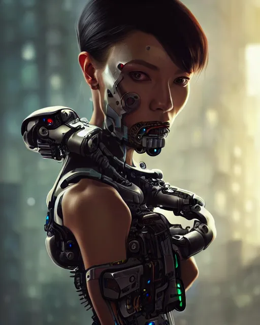 Image similar to beautiful digital painting of a stylish cyborg tokyo with high detail, real life skin, freckles, 8 k, stunning detail, works by artgerm, greg rutkowski and alphonse mucha, unreal engine 5, 4 k uhd