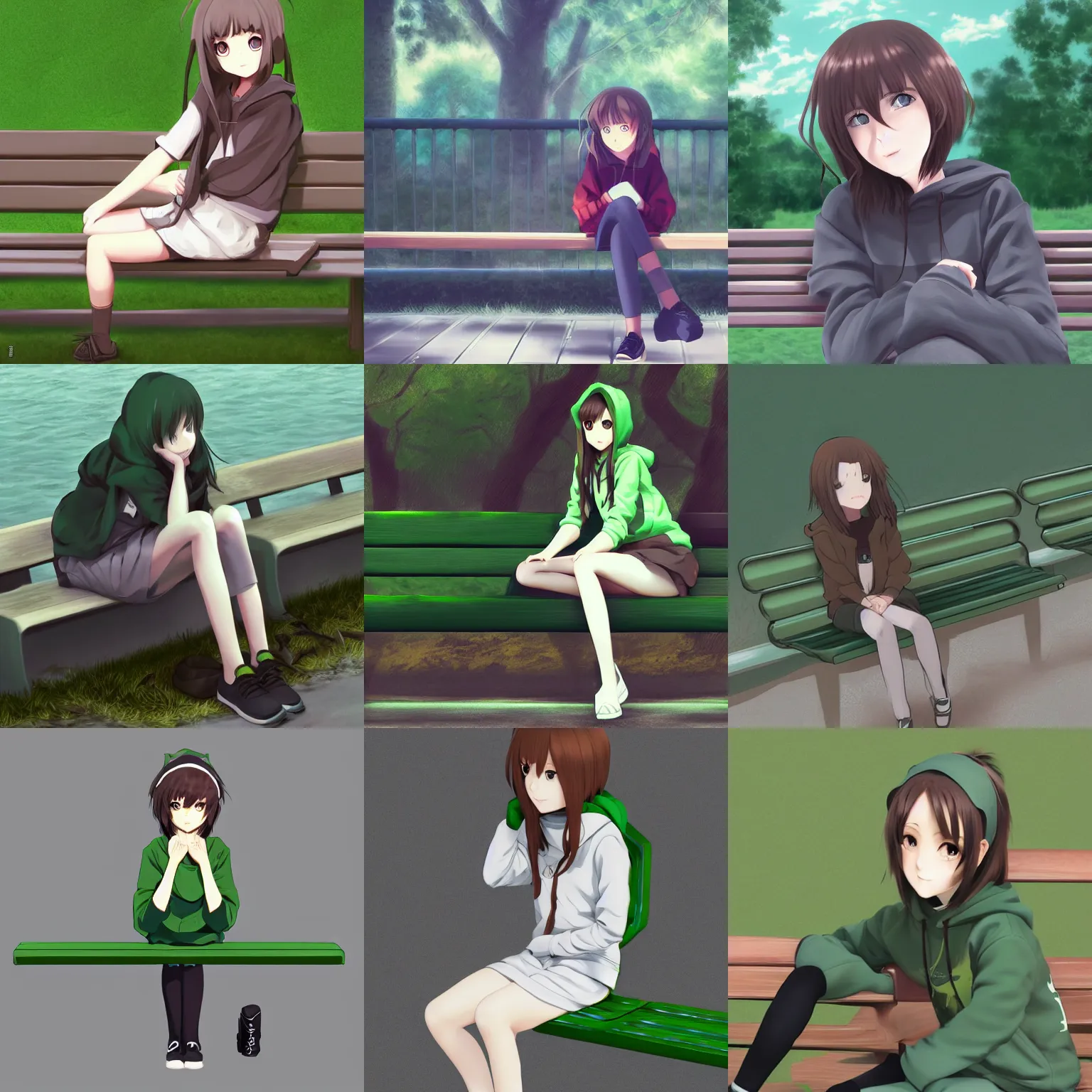 Prompt: anime girl, brown hair, green eyes, grey hoodie, sitting on a bench, digital art, pixiv, artstation, sketchfab, ilya kuvshinov