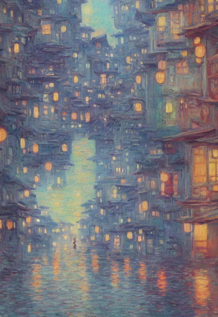 Image similar to a beautiful japanese city near the sea, amazing ryokans and gorgeous edo era houses, cyberpunk, lofi vibe, colorful, vivide colors, oil painting in impressionist style, by jeremy lipkin, by claude monet, by makoto shinkai, multiple brush strokes, inspired by ghibli, masterpiece, beautiful