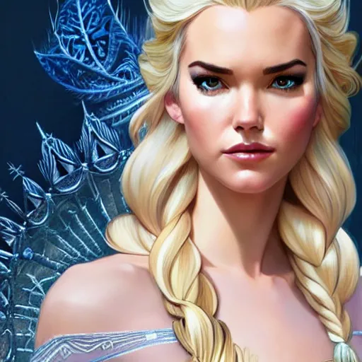 Prompt: Odette Annable with blonde hair as Elsa from Frozen, western, D&D, fantasy, intricate, elegant, highly detailed, digital painting, artstation, concept art, matte, sharp focus, illustration, art by Artgerm and Greg Rutkowski and Alphonse Mucha