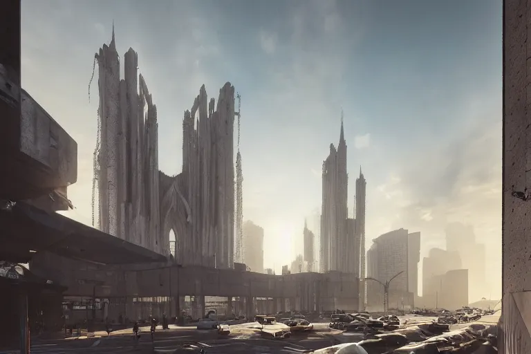 Image similar to streetscape, a towering cathedral of brutalist architecture, buildings covered with greebles, stunning volumetric light, sunset, metal, concrete and translucent material, stunning skies, majestic landscape, trending on Artstation, 8k, photorealistic, hyper detailed, unreal engine 5, IMAX quality, cinematic, epic lighting, in the style of Greg Rutkowski