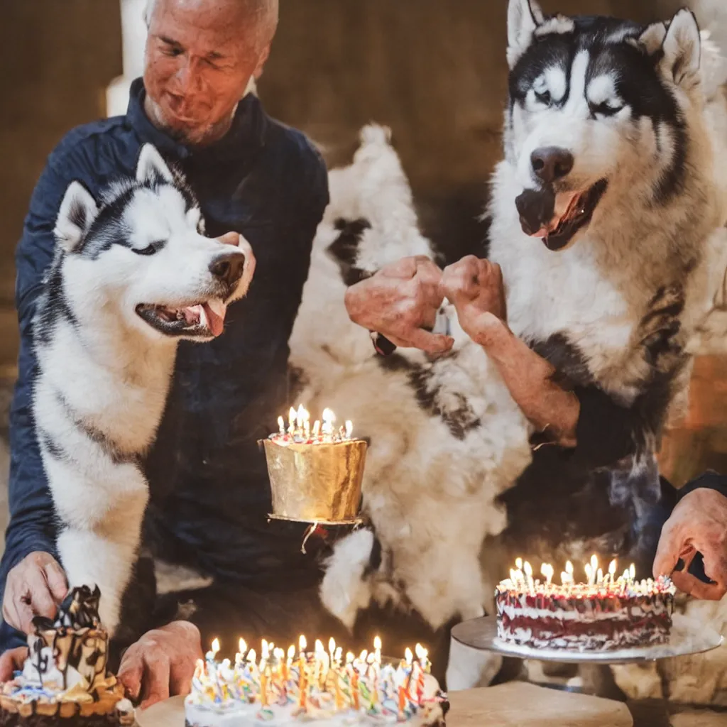 Image similar to a man with the head of siberian husky blowing out candles on a birthday cake