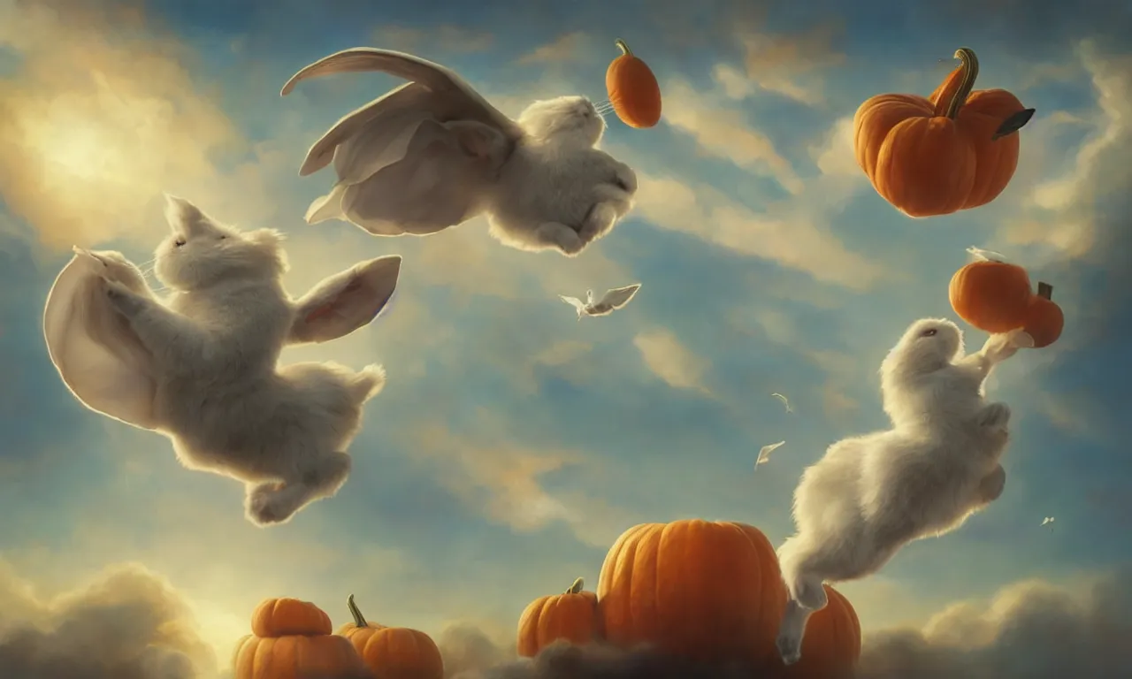 Image similar to a beautiful digital painting of a white rabbit flying in the clouds, birds in the sunlight, numerous golden pumpkins, blue sky at sunset, elegant, highly detailed, artstation, concept art, matte, sharp focus, art by tom bagshaw, kelogsloops and greg rutkowski