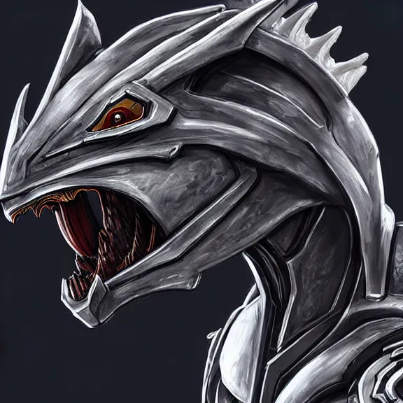 Image similar to high quality close up headshot of a cute beautiful stunning robot anthropomorphic female dragon, with sleek silver armor, a black OLED visor over the eyes, facing the camera, maw open and about to eat you, you being dragon food, the open maw being detailed and soft, highly detailed digital art, furry art, anthro art, sci fi, warframe art, destiny art, high quality, 3D realistic, dragon mawshot, furry mawshot, macro art, dragon art, Furaffinity, Deviantart