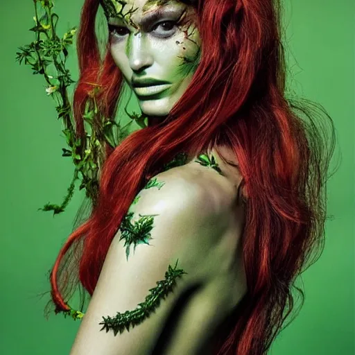 Prompt: “A beautiful portrait of Ophelie Guillermand as Poison Ivy from Batman as a Versace fashion model Spring/Summer 2018, highly detailed, in the style of cinematic, Getty images, Vogue editorial, Milan fashion week backstage, Makeup by Pat McGrath, Greg rutkowski”