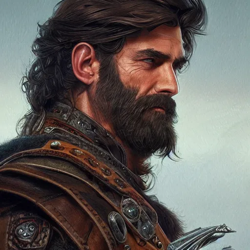 Image similar to portrait of a young, ruggedly handsome ranger, muscular, half body, leather, hairy, d & d, fantasy, intricate, elegant, highly detailed, digital painting, artstation, concept art, smooth, sharp focus, illustration, art by artgerm and greg rutkowski and alphonse mucha