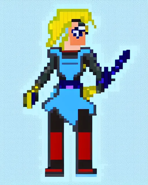 Image similar to a pixel single sprite of a girl holding a blue sword, in white futuristic armor, black background, pixel art, isometric view, 1 6 px x 1 6 px, 2 d game art, 1 6 bit, dynamic pose, # pixelart