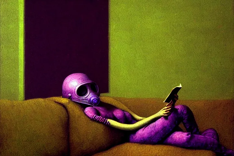 Image similar to girl with wearing a gas mask lying on the sofa reading a book in her room, in the style of beksinski, peaceful, calm, atmospheric, intricate and epic composition, green by caravaggio, insanely quality, highly detailed, masterpiece, purple light, artstation, 4 k