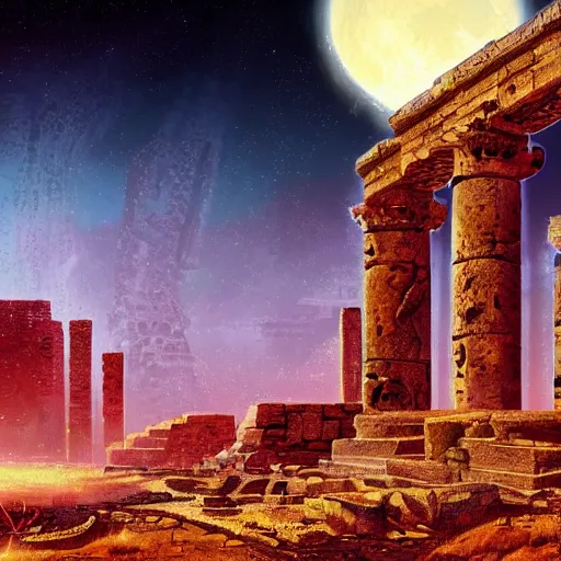 Image similar to ancient ruins in the moon, retrowave epic art, trending on art station