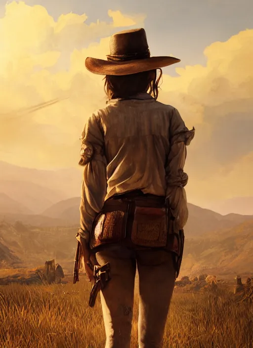 Image similar to highly detailed full body portrait of emma watson red dead redemption art, horse back, unreal engine, fantasy art by greg rutkowski