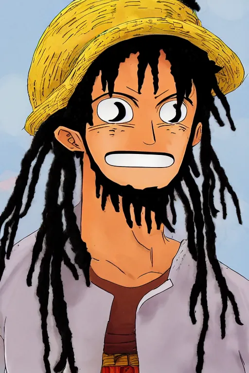 Prompt: man in dreadlocks in the style of luffy from one piece