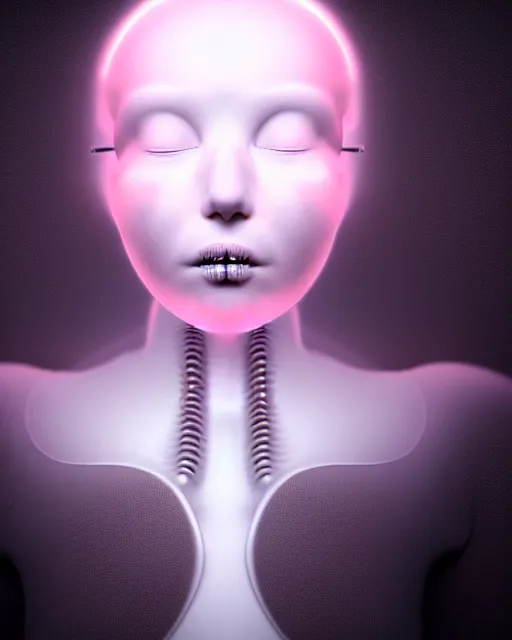 Image similar to white background, halo, dreamy foggy elegant soft luminous profile face 3 d render of a beautiful young baby pink biomechanical - female - cyborg with a delicate detailed black mandelbrot fractal texture skin and a very long neck with white gothic pearl embroidered collar, white smoke atmosphere, hg giger, 8 k