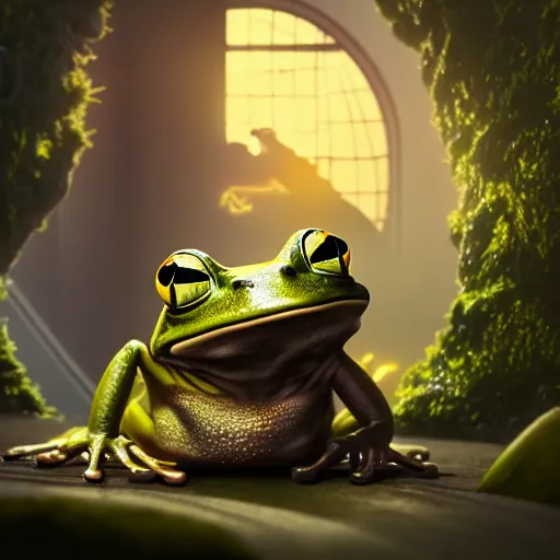 Prompt: an anthropomorphic frog living in an extradimensional reality where it is a god, in the style of wlop, illustration, epic, fantasy, hyper detailed, smooth, unreal engine, sharp focus, ray tracing, physically based rendering, renderman, beautiful