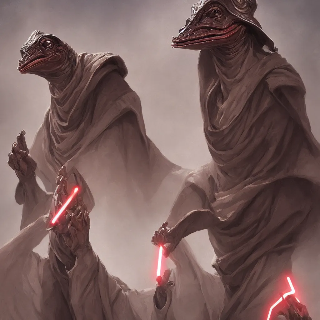 Image similar to JarJar Binks Sith Lord, intricate, elegant, highly detailed, digital painting, artstation, concept art, matte, sharp focus, illustration, hearthstone, art by Artgerm and Greg Rutkowski and Alphonse Mucha