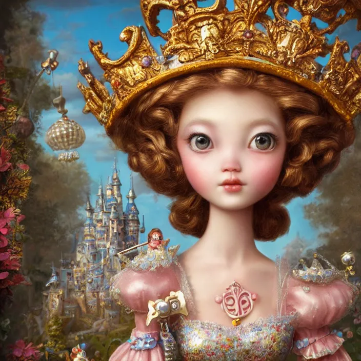 Image similar to highly detailed closeup, profile portrait of a tin toy fairytale princess wearing a crown, unreal engine, nicoletta ceccoli, mark ryden, earl norem, lostfish, global illumination, detailed and intricate environment