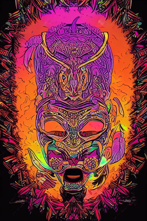 Image similar to animal mask totem roots flower tribal feather gemstone plant wood rock shaman vodoo video game vector cutout illustration vivid multicolor borderlands comics by josan gonzales and dan mumford radiating a glowing aura