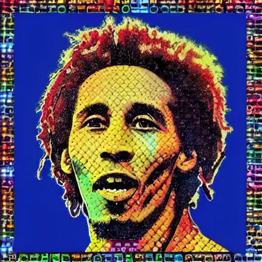 Prompt: photomosaic of bob marley made up of images of cats