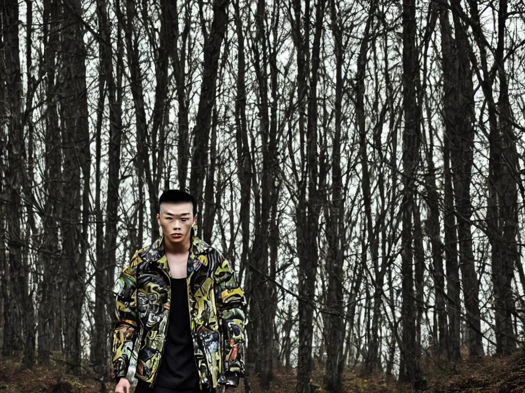 Prompt: versace avant garde male super oversized jacket arctic camouflage necklace textiles streetwear cyberpunk buff fit japanese asian man shaved head in the woods overcast late evening dramatic professional color 8 k hdr