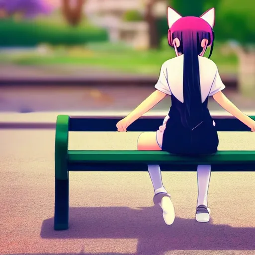 Prompt: 3 d photo of an anime girl with cat ears and long hair looking to her side, sitting on a bench with a park behind her, bokeh, shader, anime art style, highly detailed, cel - shaded, colorful, animated, trending