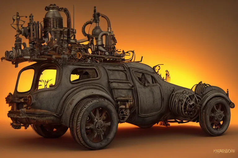 Image similar to hellfire engine strokeed by the echo, mad max, wasteland, in the style of hannes bok and doug chiang and vernon grant, trending on artstation, back lighting rear view steampunk, blueprint, muted colors, gothic, tachisme