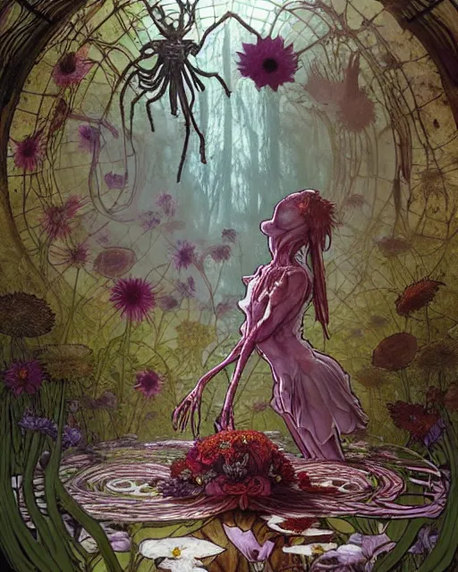 Image similar to the platonic ideal of flowers, rotting, insects and praying of cletus kasady carnage davinci dementor chtulu mandala ponyo alice in wonderland dinotopia watership down, fantasy, ego death, decay, dmt, psilocybin, concept art by greg rutkowski and simon stalenhag and alphonse mucha