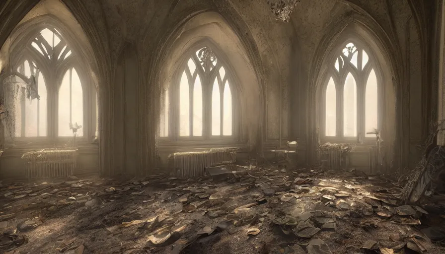 Image similar to interior of an abandoned neo - gothic manor's bed room with lot of cobwebs, dusty ground with dirt, light trough windows, collapsed ceiling, hyperdetailed, artstation, cgsociety, 8 k