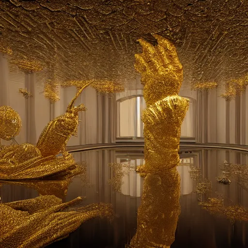 Image similar to an incredibly beautiful world of multifaceted crystal and polished mirrors in the style of erik johansson by dr. seuss covered in intricate gold leaf detail with soft indirect lighting, an ultrafine detail, final fantasy, cinematic colors, behance contest winner, unreal engine 5 highly rendered, global illumination, radiant light, detailed and intricate environment