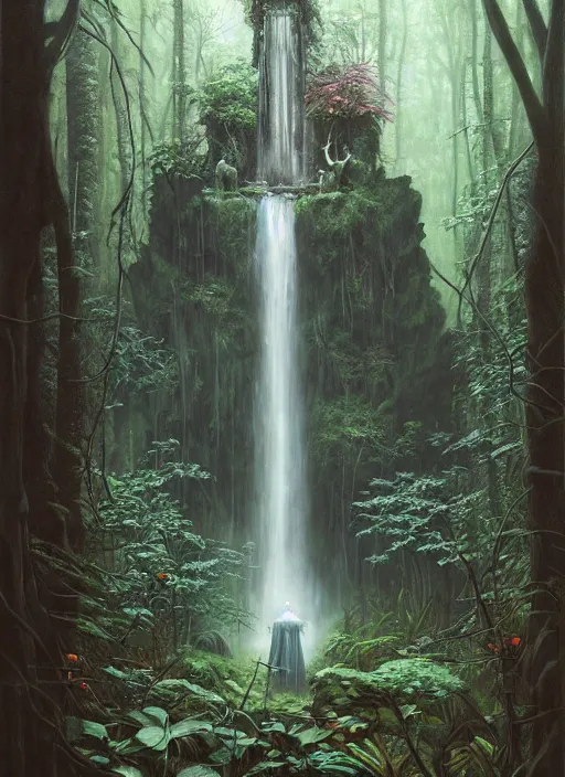 Image similar to a hyper realistic architectural witch shrine under a waterfall in the woods, gorgeous lighting, lush forest foliage, painting by chiara bautista and tom bagshaw, muca beksinski and norman rockwell and greg rutkowski weta studio, and lucasfilm