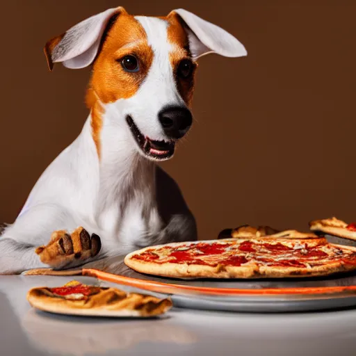 Image similar to detailed photo of a white jack russel eating pizza, various poses, full body, studio light, 8 k, photorealism, intricate detail, diffuse lighting