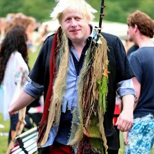 Prompt: boris johnson dressed as a hippie at a music festival