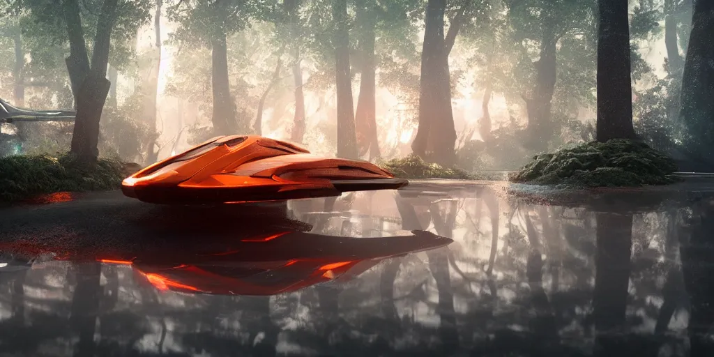 Image similar to futuristic giant starship, in the woods, puddles of water, stunning volumetric lighting, sundown, trending on Artstation, 8k, photorealistic, hyper detailed, unreal engine 5, cinematic, epic lighting, cryengine, octane render, cyberpunk, red and orange glow, dark, gloomy