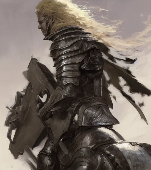 Image similar to long blond hair man in armor, shield and scimitar, by craig mullins, ruan jia, kentaro miura, greg rutkowski, loundraw