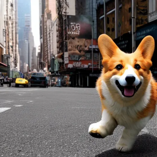 Prompt: 8k highly detailed photograph of a giant 80 foot tall adorable corgi invading New York City. cute destruction