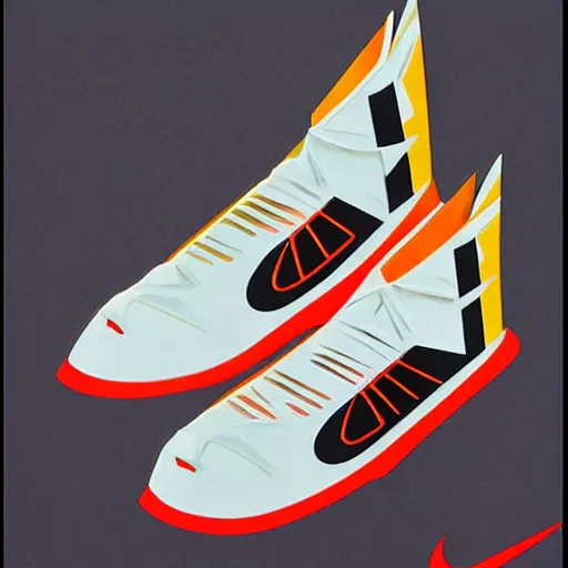 Prompt: retro futuristic Nike Lebron sneakers by syd mead, matte painting, geometric shapes