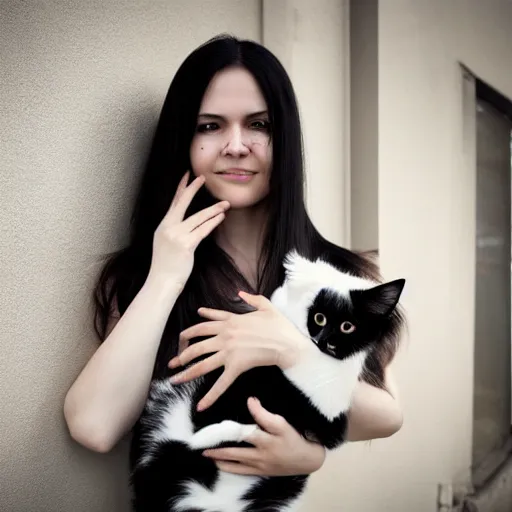 Prompt: a woman with long dark hair, big shiny dark eyes holding a cat in her arms, a stock photo by juan villafuerte and minerva j. chapman, pexels contest winner, high quality photo, rtx, hd, tumblr contest winner, anime, pretty, shiny eyes, sensual