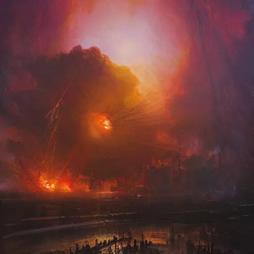 Prompt: An atom bomb explosion in Mumbai, by Carl Gustav Carus, by Wadim Kashin, by Paul Lehr, oil on canvas, masterpiece, trending on ArtStation