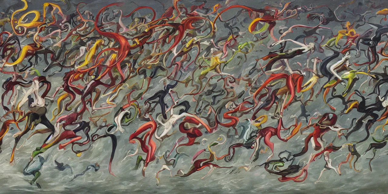 Image similar to flying cephalopods racing towards a crowd of excited humans, race theme future oil on canvas