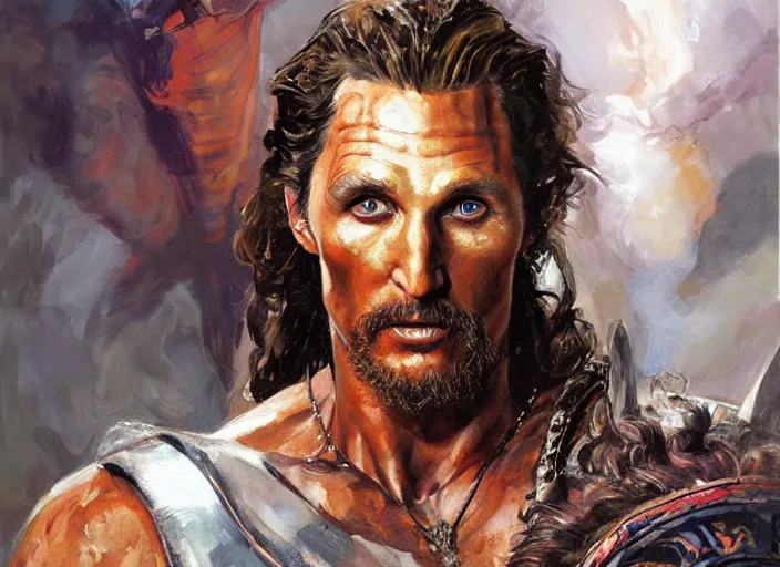 Image similar to a highly detailed beautiful portrait of matthew mcconaughey as kratos, by gregory manchess, james gurney, james jean