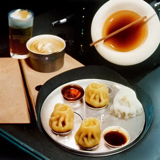 Prompt: a metal tray with dumplings in it, beside a glass of bubble tea, on a cafeteria table, on the nostromo, alien 1 9 7 9, photorealistic