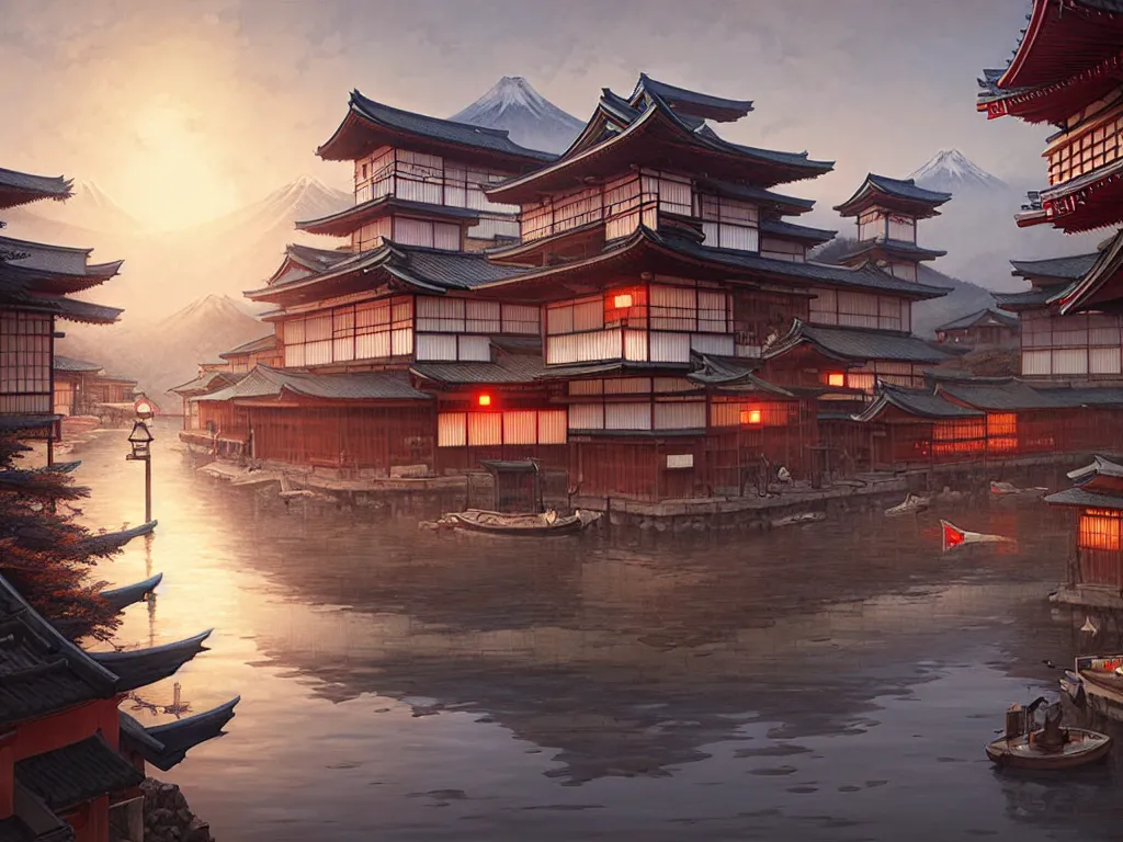 Image similar to old japanese town viewed from harbor, d & d digital painting, ultra realistic, beautiful, volumetric lighting, warm colors advance, cell shading, by james jean, greg rutkowski,