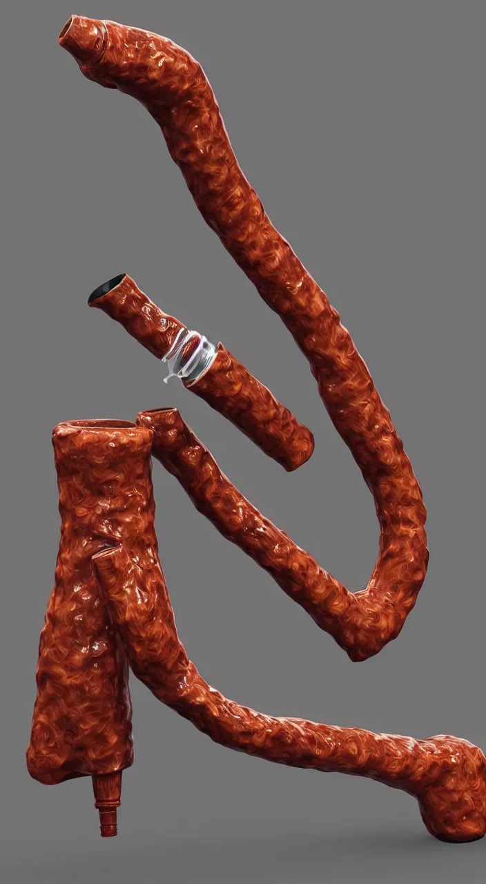 Prompt: a ceramic bag pipe shaped like a human oesophagus, in the style of a colour medical illustration, unreal engine, 8 k