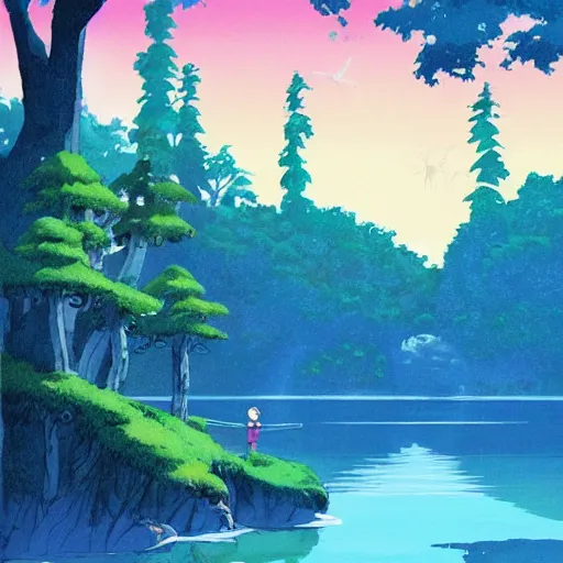 Image similar to a beautiful lake, fantasy art, fresh and bright illustration, animated film, by studio ghibli