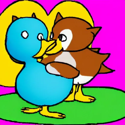 Image similar to a kitten and a duck in love cartoon