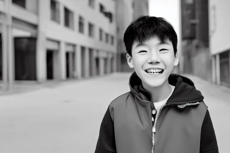 Image similar to still photo of a korean boy smiling at the camera on the street, black and white color aesthetic, highly detailed, photorealistic portrait, bright studio setting, studio lighting, crisp quality and light reflections, unreal engine 5 quality render