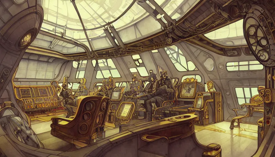 Image similar to airship interior bridge of warship, captain's chair, bridge crew, starship, throne room, french baroque, napoleonic, dieselpunk science fiction, steampunk, command and control center, sharp, concept art watercolor illustration by mandy jurgens and alphonse mucha, dynamic lighting