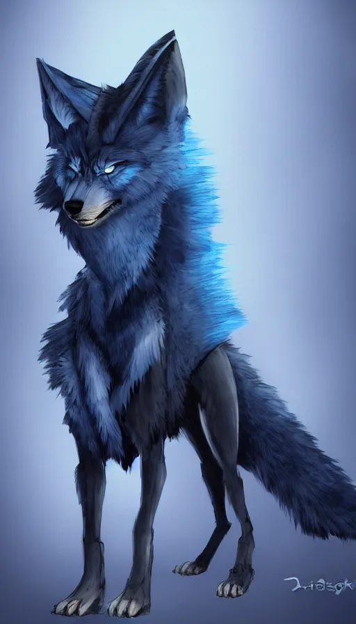 Image similar to dieselpunk blue wolf with fuzzy tail, concept art, dramatic, fantasy, pixiv