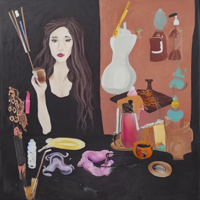 Image similar to sensual, a portrait in a female art student's bedroom, black walls, a woman drinking iced latte, pancakes, maple syrup dripping, chocolate, surgical supplies, ikebana, octopus, neo - expressionism, surrealism, acrylic and spray paint and oilstick on canvas